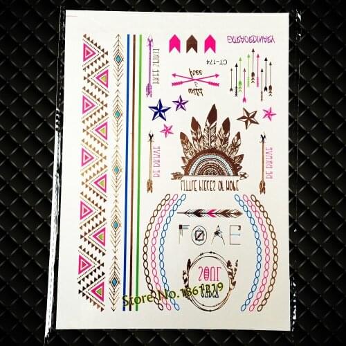 New New Colorful Henna Tattoo Pink Metallic Bracelet GCT174 Indian Arrow Feather Crown Tatoo Waterproof Temporary Tattoo Sticker