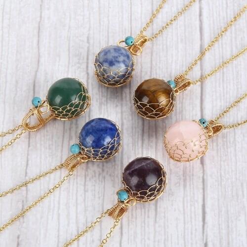 Round Beads Necklace Natural Crystal Stone Gold Color Wire Wrap Gem Pendant Jewelry for Women Choker with Metal Chain