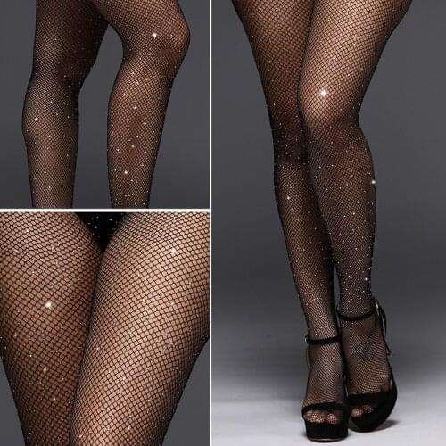 Sexy Glass Stockings Fishnet Rhinestone Transparent Woman Nylon Stockings Trendy Western Hollow Out Mesh Pantyhose Fish Nets Sox