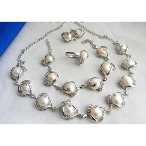 Prett Lovely Womens Wedding shipping>>12MM White Baroque Freshwater Pearl Necklace Bracelet Earring Ring Set new-jewelry