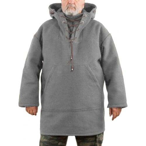 Men Sweatshirt Long Sleeve Solid Color Stylish Front Pockets Loose Pullover Hoodie Woolen Lace Up Casual Warm Hooded Winter