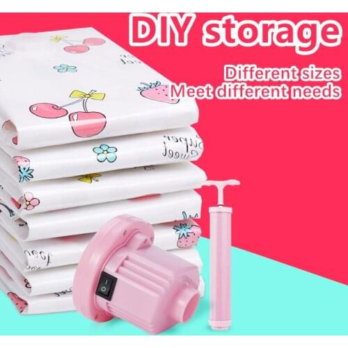 Vacuum Bag Storage Bag Cute Pink Organizer Transparent Foldable Clothes Organizer Seal Compressed Travel Saving Bag Suction pump
