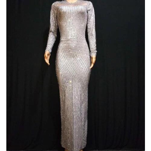Womens Elegant Shining Rhinestone Slit Long Sleeves Slim Ankle Length Dress Party Female Singer Skinny Performance Costumes