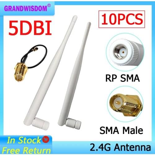 10pcs 2.4GHz WiFi Antenna 5dBi Aerial RP-SMA Male 2.4 ghz antena wi-fi Router +21cm PCI U.FL IPX to SMA Male Pigtail Cable