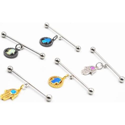 10pcs Free Shippment 14g Surgical Steel Hamsa Opalite Stone CZ Gems Industrial Ear Barbells Body Piercing Jewelry Ear Scaffold