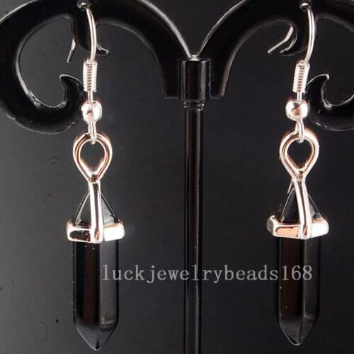 Free Shipping Women Fashion Jewelry Black Carnelian Hexagonal Reiki Chakra Beads Dangle Earrings Pair C4155