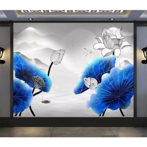 Custom photo wallpaper for walls 3 d mural New Chinese blue ink line drawing lotus flower bird Chinese style landscape mural