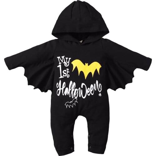 Wallarenear 0-18M Infant Baby Boy Girl My First Halloween Costume Long Sleeve Letter Print Bat Hooded Jumpsuit