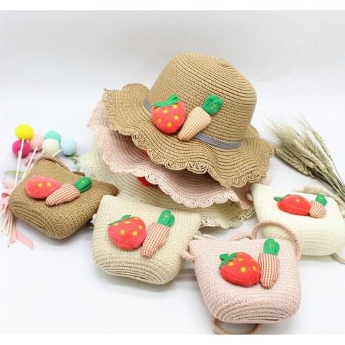 New Summer Children Straw Beauty Floral Hat Baby Sun Hat Girl Summer Cap Beach Visor Hat Straw Bag Two-Piece Sets