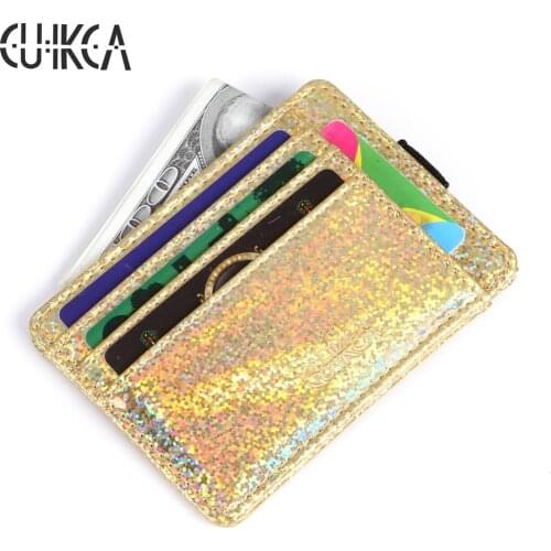 CUIKCA New Credit Card & ID Holders Flash Sequins PU Leather Slim Short Women Wallet Purse License Card Case Card & ID Holders
