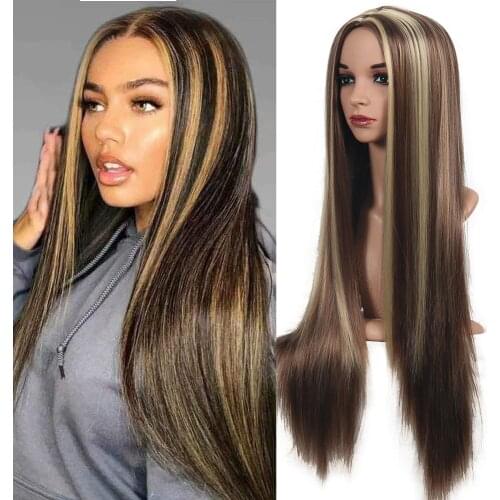 Loryana piano color brown/blonde straight hair wig Highlight Blonde Synthetic Wig cosplay wig for women 26inch pixie niddle part