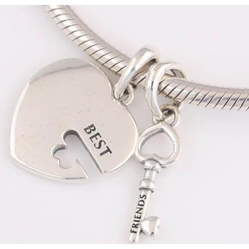 Authentic S925 Charm Best Friends Heart and Key Dangle fit Lady Bracelet Bangle Diy Jewelry