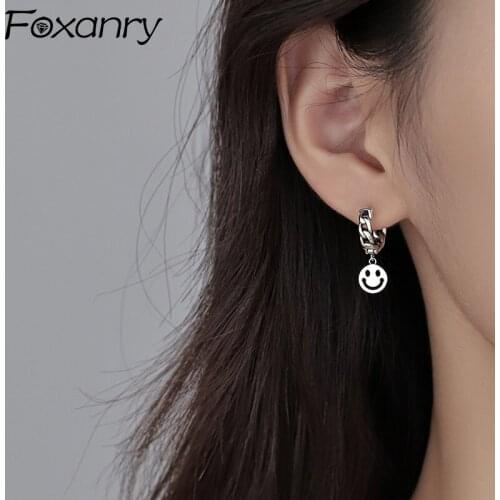 FOXANRY Prevent Allergy 925 Sterling Silver Stud Earrings Ear Buckle Accessories Fashion Punk Vintage Smiley Face Party Jewelry