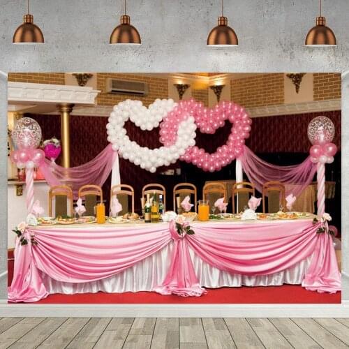 Wedding Party Photography Background Love Heart Shape Balloons Long Dinner Table Marriage Celebration Stage Backdrops