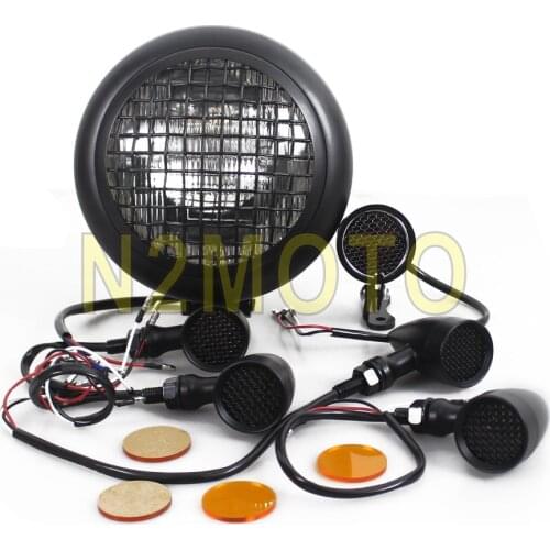 Motorcycle Retro Vintage Custom Mesh Grille Headlight Taillight Brake Lamp 4pcs Turn Signal Light for Harley Cafe Racer Black