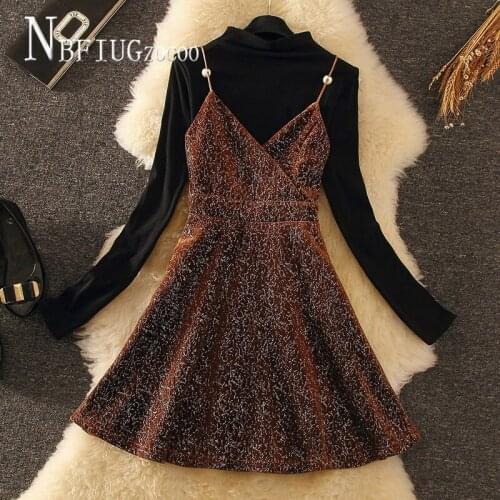 Stand Collar Bottoming T Shirt And Spaghetti Strap Dress Women Sets 2 Styles Can Choose Female Sets