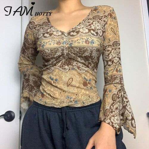 Retro Print Grunge Top Women Aesthetic Flare Long Sleeve T Shirt y2k V-neck Sexy Pullovers Autumn Clothes Floral Tee Iamhotty