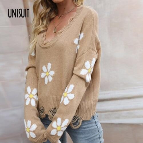 Womens Sweaters 2021 Autumn Winter Long Sleeve Floral Embroidery V-Neck Sweater Casual Loose Knitted Elegant Hole Pullover Tops