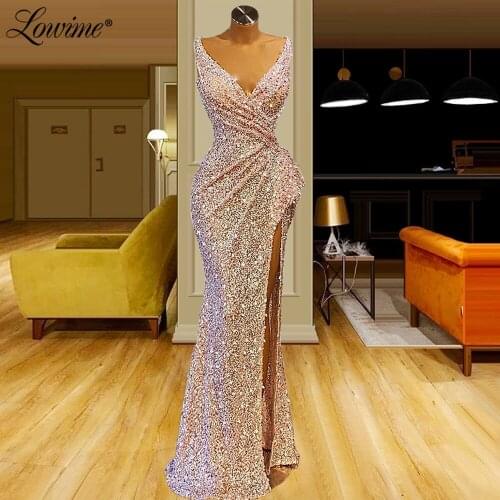 Lowime 2021 Long V Neck Pleats Sequined Beads Evening Dresses Customized Mermaid High Split Sexy Party Gowns Prom Dress Vestidos