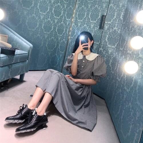2021 Summer Retro Black White Plaid Doll Collar Puff Sleeve Dress Korean Fashion Design Women Midi Casual Dress Clothes