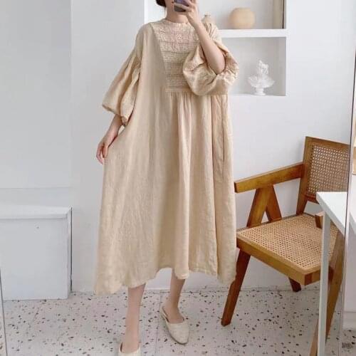 Johnature New Vintage Patchwork Lace Linen Dresses For Women 2021 Summer Loose Lantern Sleeve Solid Color Female Dress