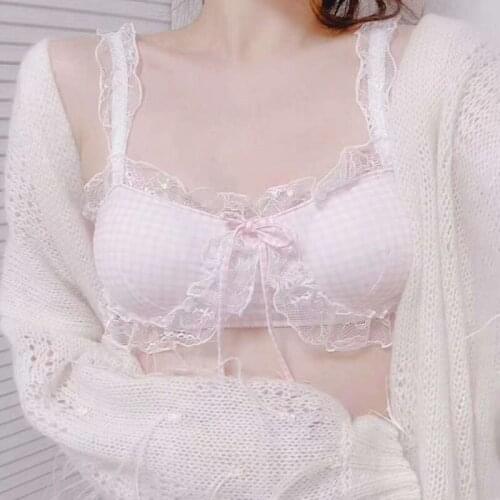 Womens Lingerie Japanese Cute Cotton Plaid Bralette Set Lace Underwear Women Lolita Girl Teens Wire Free Thin Bra and Panty Set