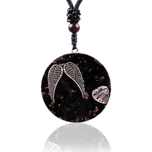 Angel Wing Charm Heart Love Crystal Necklace Natural Obsidian Orgone Energy Stone Healing Necklace Reiki Jewelry