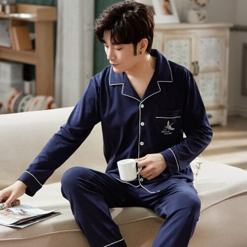 Winter Mens Pajamas Simple Dark Blue Lapel Homewear Cotton Pajamas Fashion Flying Crane Print Pajamas Set Oversized Sleepwear