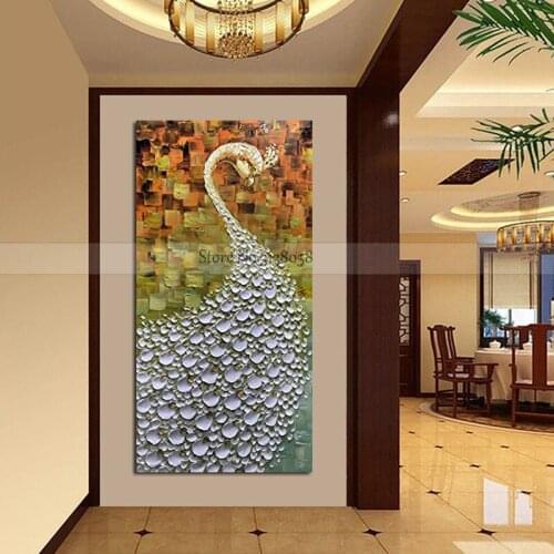 Abstract Oil Painting On Canvas Knife Think Oil Handmade Peacock With the White Screen for Living Room Decor Auspicious Animal