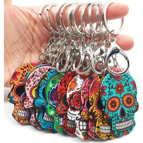 Skull Keychain Calavera Mexican Cute Sweet Sugar Skull Big Lobster Key Chain Keyring Halloween Acrylic Skull Key Ring Bag Charms