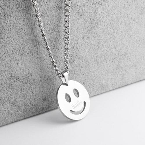 1PCS Stainless Steel Happy Smiling Face Round Charm Pendant Chain Necklace 45cm Long