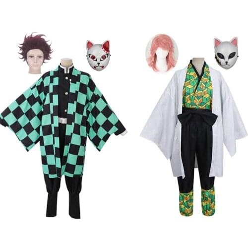 Demon Slayer Kimetsu no Yaiba Kamado Tanjirou Sabito Full Set Cosplay Costume Mask Wig Halloween Funny Costume Height 100-185cm