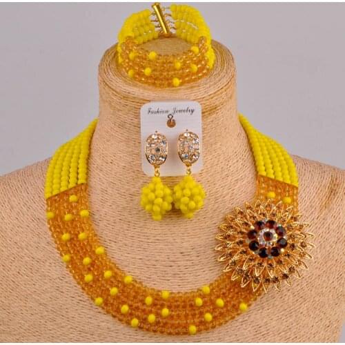 Elegant opaque yellow and champagne gold crystal bead african necklace nigerian wedding set 5SZ-08