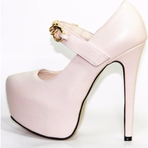 Elegant and fashionable white Pu leather strap golden chain decoration 16 cm high-heeled shoes. Size: 35-43
