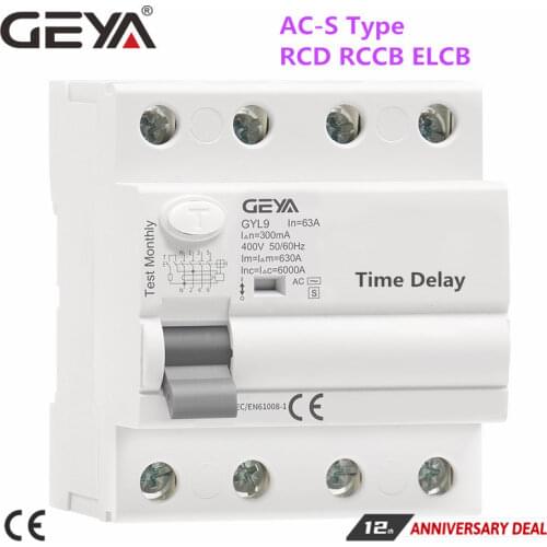 GEYA GYL9 AC-S Type Time Delayed RCD RCCB ELCB Delay Type Electromagnetic Circuit Breaker 3Phase+N 40A 63A