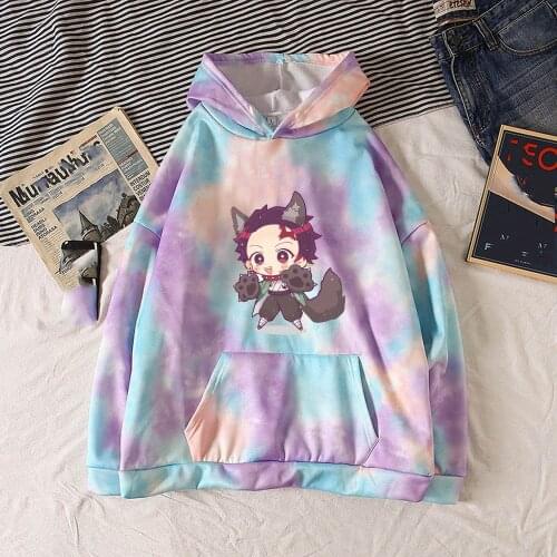 Kawaii Women Hoodie Funny Anime Demon Slayer Nezuko Hooded Cartoon Tie-dye Sweatshirt Aesthetic Creative Pullover Female