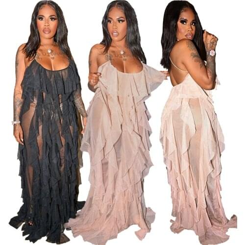 Maxi Dresses for Women Irregular Ruffle Transparent Mesh Dress Club Outfits Backless Sexy Slip Dress Wholesale Dropshipping