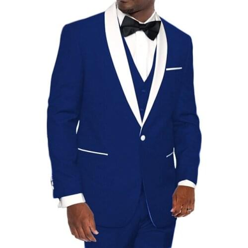 Royal Blue Men Suits 3 Pcs White Shawl Lapel One Button Costume Homme Slim Fit Wedding Tuxedos Groom Prom Terno Masculino Blazer