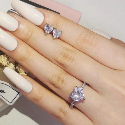 2pcs Pack 925 Sterling Silver Jewelry Set Halo Engagement Ring Round Stud Earring for Wedding Christmas Gift Party J6350