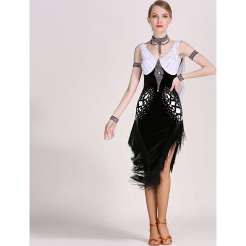 2021 New GB030 Tassel Patchwork Design Latin Dance Dress Women Performance Bare Back Modern Dance Dress Latino Dancewear
