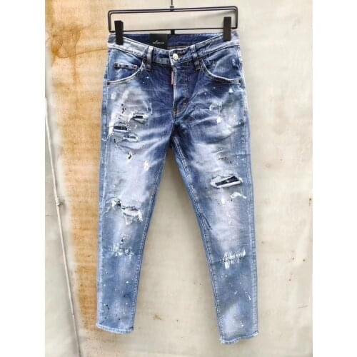 New DSQUARED2 Mens/Womens Jeans Fashion Slim Light-Colored Holes Patch Paint Ripped Ink Stretch Pants 893