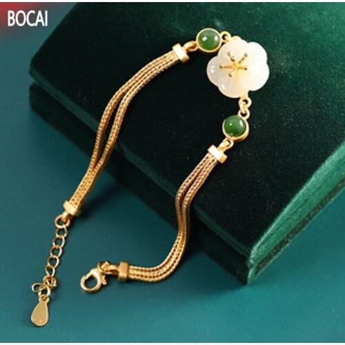 BOCAI New Real Pure s925 Silver Jewelry natural Hetian Jade Carved Peach Blossom Exquisite Woman Bracelet