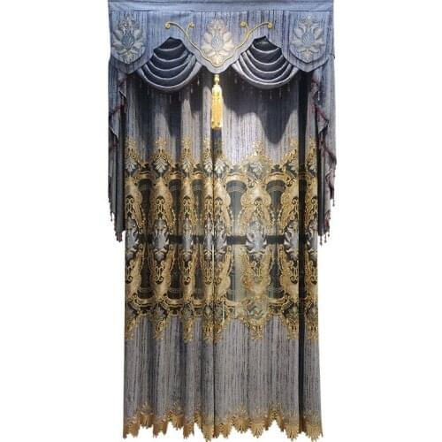 European-style Luxury Gorgeous Curtain Gray European-style Thick Chenille Embroidered Hollow Curtains for Living Room Bedroom