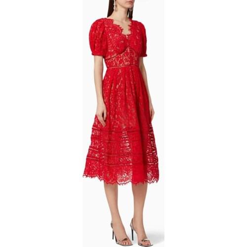 Sexy Women Red Midi Dress 2020 Cutout Deep V neck Puff Sleee Fit Flare Lace Party Dress Elegant Casual Long Christmas Dress