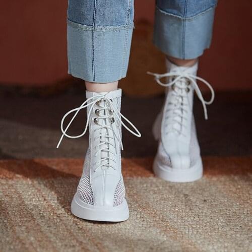 SKLFGXZY Summer European Genuine Leather Women Boots Ankl Grid Sexy 100% Cattle Leather Boots Non-slip Soles Shoes