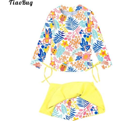TiaoBug Kids Girls Summer 2Pcs Swimming Bathing Suit Long Sleeve Flower Printed Tops With Skirt Style Shorts Swimwear Bikini Set
