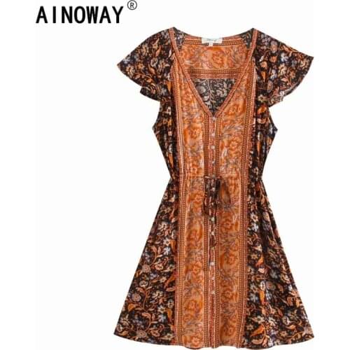Vintage chic hippie women floral print deep V-neck Bohemian mini dress ladies short sleeve single breasted Boho dresses vestidos