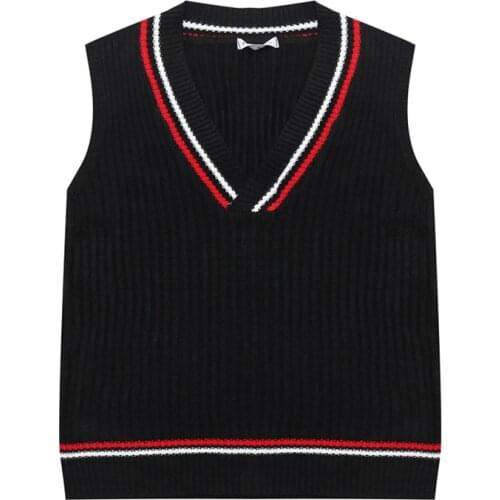 PERHAPS U Women Vest Sweater V Neck Knitted Pullovers Sleeveless Black White Stripe Splicing Winter Preppy Style M0141