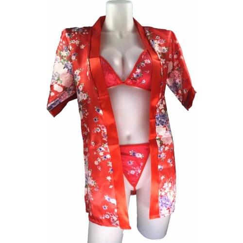 Japanese Kimono Sexy Lingerie Cosplay Outfit For Women Robe Costumes Gowns Soft Silk Belt Bra 3pcs Set