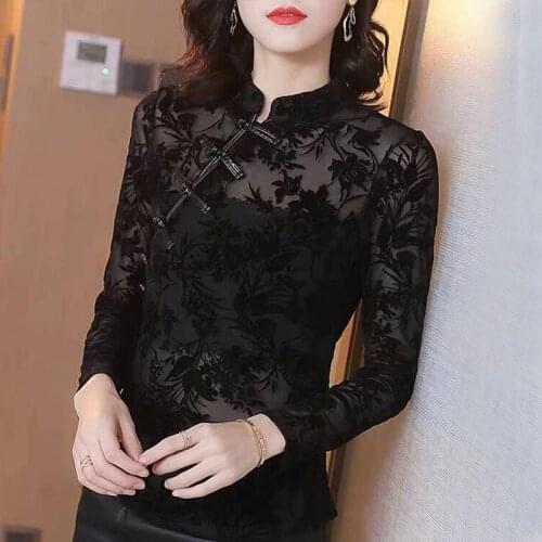 Womens Spring Autumn Blouse Shirt Womens Solid Color Long Sleeve Embroidery O-Neck Button Chinese Style Slim Lace Tops DD8349